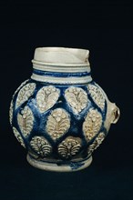 Stoneware bell jar on foot, completely covered with appliqués, flower and leaf motifs, bulletbayer jug crockery holder soil find