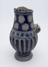 Slender stoneware jug with rosettes on the neck, wide flutes on the belly, ear, jug crockery holder soil find ceramic stoneware