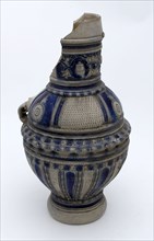 Stoneware jug with profiled frieze, shoulder with surfaces of carved cut decor, medallions on the neck, jug crockery holder soil