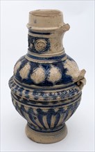 Stoneware jug with round neck appliqués, shoulder with band of plant motifs, cannnelures, dated, jug crockery holder soil find