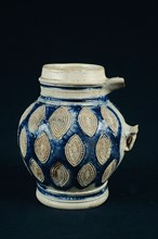 Stoneware bell jar on standing foot completely covered with pointed appliqués, Bullet pewter jug crockery holder soil find