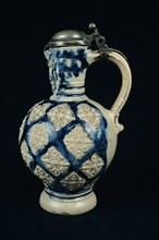 Stoneware jug from Westerwald with Bartmann jug, also called Bellarmine jug, mask and tin lid, jug crockery holder soil find