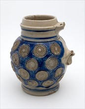 Stoneware bell jar on foot, completely covered with appliqués, rosettes, Bullet pewter jug crockery holder soil find ceramic