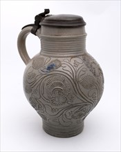 Stoneware bell jar with lid, engraved and stamped full of floral decor, gray glazed, Bullet pewter jug crockery holder soil find