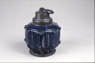 Blue stoneware pot, octagonal with tin screw cap, pot jug crockery holder soil find tin ceramics stoneware glaze salt glaze