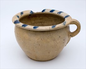 Stoneware ease of use or chamber pot with upright ear, on edge blue stripe decor, pot holder sanitary soil find ceramic