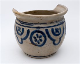 Stoneware ease of use or chamber pot with ear, two blue piping, stamped rosettes, pot holder sanitary soil find ceramic