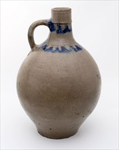 Large stoneware jug with blue, stamped band around neck and shoulder, sausage ear, jug crockery holder soil find ceramic