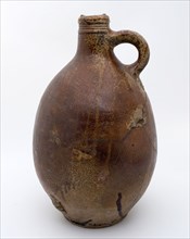 Brown speckled jug with band ear with tail, jug kitchenware soil find ceramic stoneware glaze salt glaze, hand-turned baked