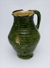 Pottery jug, with ear and shank, yellow and green, water jug crockery holder soil find ceramic earthenware glaze lead glaze