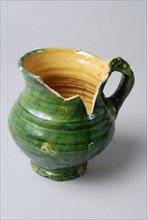 Earthenware jug, on stand ring with standing ear, yellow and green glazed, water jug crockery holder soil find ceramic