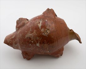 Earthenware field bottle, thick red shard, silt marbled, four ears, flask holder soil find ceramic earthenware glaze lead glaze