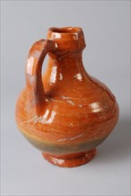 Earthenware jug on stand, ball-shaped model with scalloped ear, glazed, oil jug crockery holder soil find ceramic earthenware