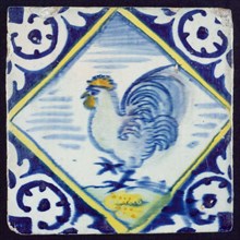 Animal tile, rooster on piece of land, corner-shaped palmet, wall tile tile sculpture ceramics pottery glaze tin glaze, baked 2x