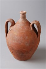 Pottery jug with double ears and very narrow neck opening, jug holder kitchen utensils earthenware ceramics pottery, hand-turned