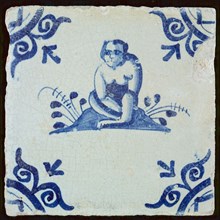 Animal tile, monkey on ground, corner motif ox's head, wall tile tile sculpture ceramic earthenware glaze, baked 2x glazed