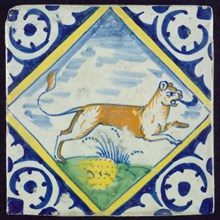 Animal tile, cat or lioness, corner pattern palmet, wall tile tile sculpture ceramic earthenware glaze, baked 2x glazed painted
