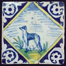 Animal tile, dog standing on ground, corner motif palmet, wall tile tile sculpture ceramics pottery glaze tin glaze, baked 2x
