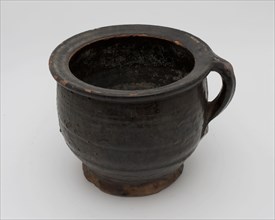 Pottery chamber pot, ease of use on stand, dark purple glazed, pot holder sanitary soil found ceramic earthenware glaze lead