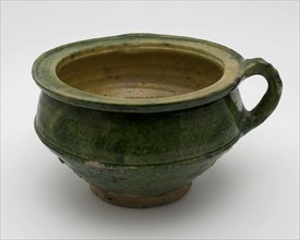 Pottery chamber pot, easy to use on stand, green and yellow glazed, pot holder sanitary soil found ceramic earthenware glaze