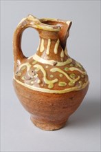Earthenware oil jug on stand with standing ear and silt decoration on neck and shoulder, oil jug crockery holder soil find