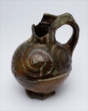 Earthenware oil jug on stand with standing ear and silt decoration on the neck and shoulder, oil jug crockery holder soil find