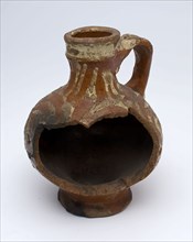 Pottery oil jug on stand with standing ear and silt decoration on the neck and belly, oil jug crockery holder soil find ceramic