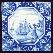Scene tile with landscape, waving man and sailing ships, wall tile tile sculpture ceramic earthenware glaze, baked 2x glazed