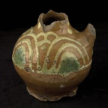 Fragment of earthenware oil jug, on stand with standing ear and sludge decoration, oil jug crockery holder soil find ceramic