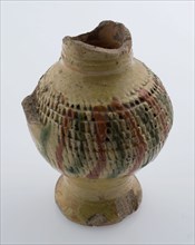 Pottery jug, small size, with narrow neck, ball round, on base, sludge and radish ring, oil jug holder soil find ceramic