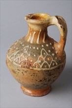 Pottery oil jug on stand with standing ear and silt decoration on the neck and shoulder, oil jug crockery holder soil find
