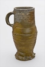 Stoneware jug on pinched foot, cylindrical neck with rings, jug crockery holder soil find ceramic stoneware clay engobe, hand