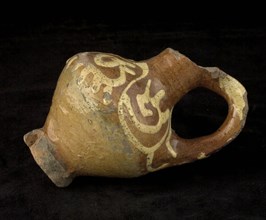 Pottery jug be used on stand foot, double conical with high band ear, sludge decoration on shoulder, ear and neck, oil jug
