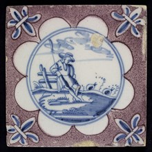 Scene tile, shepherd with stick, corner motif lily, wall tile tile sculpture ceramic earthenware glaze, baked 2x glazed painted