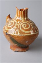 Earthenware oil jug on stand with standing ear and silt decoration on the neck and shoulder, oil jug pottery holder soil find