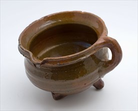 Pottery cooking jug, grape-model, red shard, glazed, shank, sausage ear, on three legs, cooking jug be found in the earthenware