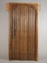Door in frame, door building part wood oak wood, sawn planed forged Ceiling door in frame with hand-forged cross-hinges, hinges