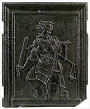 Fireback with Lady Justice, hob plate cast iron, cast Rectangular hob with depiction of Lady Justice holding the scale