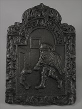 Fireback with man with dog and ball, text FIDES DONA SUPERAT, year 1696, hob plate cast iron, cast Rectangular with arch Wide