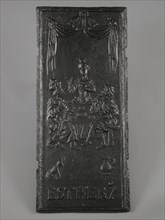 Fireback biblical representation Ester, text ESTHER 7, hob plate cast iron, cast Rectangular hob with biblical representation