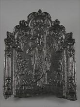 Fireback crowned woman with parasol and fan, trees and animals, year DCM ..., fire place iron, cast Rectangular base top