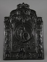 Fireback parrot in ring, text HHS and year 1665, hob plate cast iron, cast Rectangular hob with bow In the middle parrot