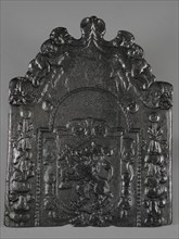 Fireback coat of arms Republic of the United Netherlands, fire place iron, cast Rectangular with arch at the top on which putti