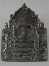 Fireback coat of arms of Zeeland, hob plate cast iron, cast Rectangular bow on top. In the middle the crowned coat of arms