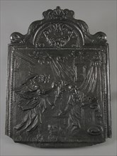 Fireback proclamation to Mary, Annunciation, hob plate cast iron, cast Bottom rectangular bow at the top on which shell