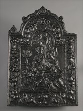 Fireplace with couple in pastoral landscape with putti and animals, hob plate cast iron, cast Rectangular bow with dolphins
