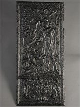 Fireback, angel with kneeling man, Tobias, text Tobie am Vicap, hob plate cast iron, cast Rectangular two notches on each side