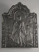 Fireback woman with snake, Eve, hob plate cast iron, cast Rectangular hob with bow Around wide rim with fruit hangers