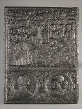 Fireplace biblical representation: Jesus with Samaritan woman at the well, medallions with portraits, fire place soil foundry