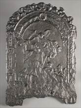 Fireplace biblical representation, Abraham sacrifices Isaac, text GK, fire place iron, Rectangular arch at the top. Decorated